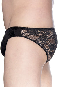 Flocked black Rose with rose back Brief Flocked Rose brief features a soft cotton liner , four way stretch diamond mesh back, and gorgeous pleated stretch line leg and waist elastic. Quality tested for all day everyday comfort and wear. 