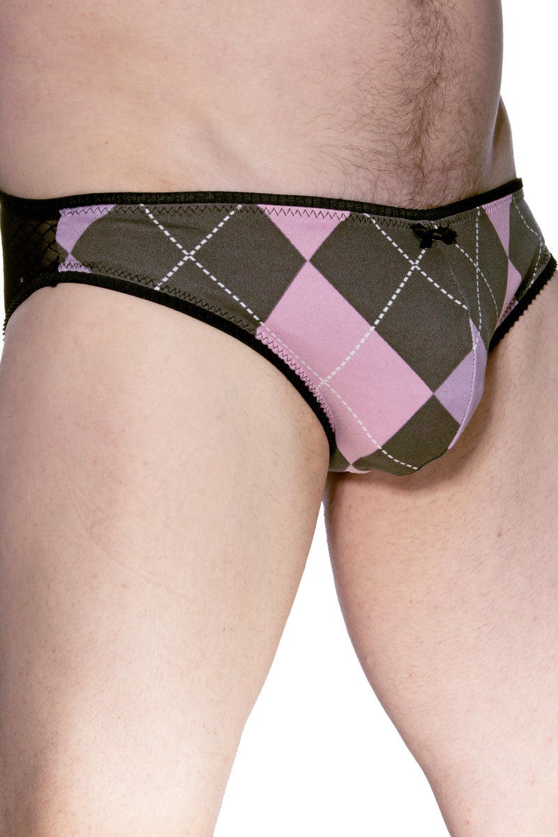 Harlequin and diamond back Brief Ultra soft rayon blend Harlequin plaid mens brief features a soft cotton liner , four way stretch high quality rose lace back, and gorgeous pleated stretch line leg and waist elastic. Quality tested for all day everyday comfort and wear.