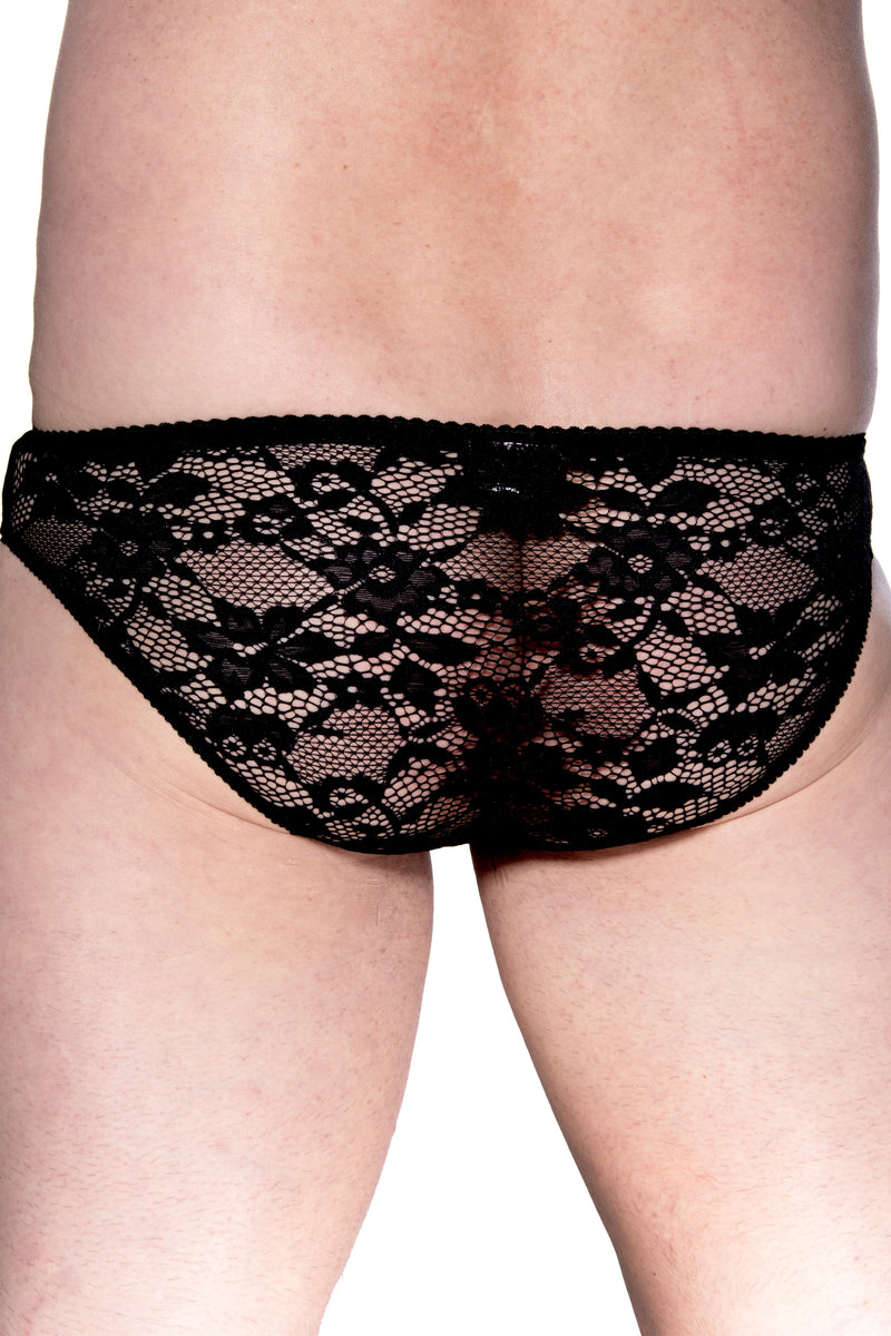 Flocked black Rose with rose back Brief Flocked Rose brief features a soft cotton liner , four way stretch diamond mesh back, and gorgeous pleated stretch line leg and waist elastic. Quality tested for all day everyday comfort and wear. 