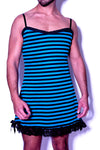 Fatale Dresses and panties for men. Blue and black striped mens slip dress, made in Los Angeles. 