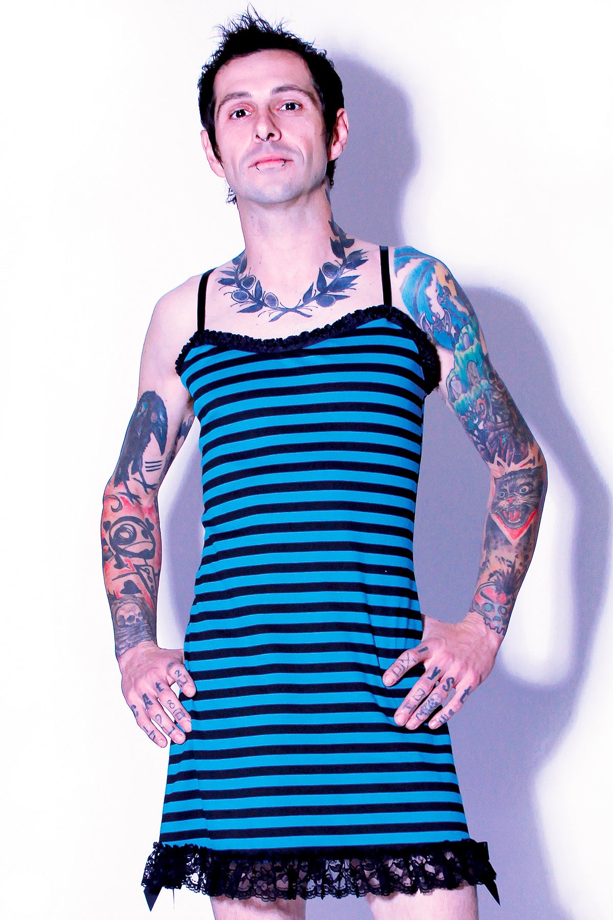 Blue dress with black cheap stripes