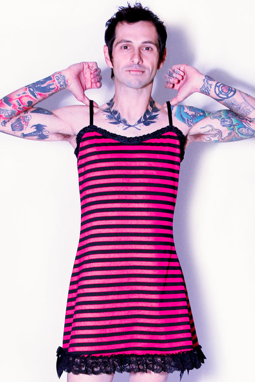 Fatale Dresses and panties for men. Striped mens slip dress, made in Los Angeles. 