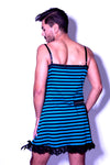 Fatale Dresses and panties for men. Blue and black striped mens slip dress, made in Los Angeles. 