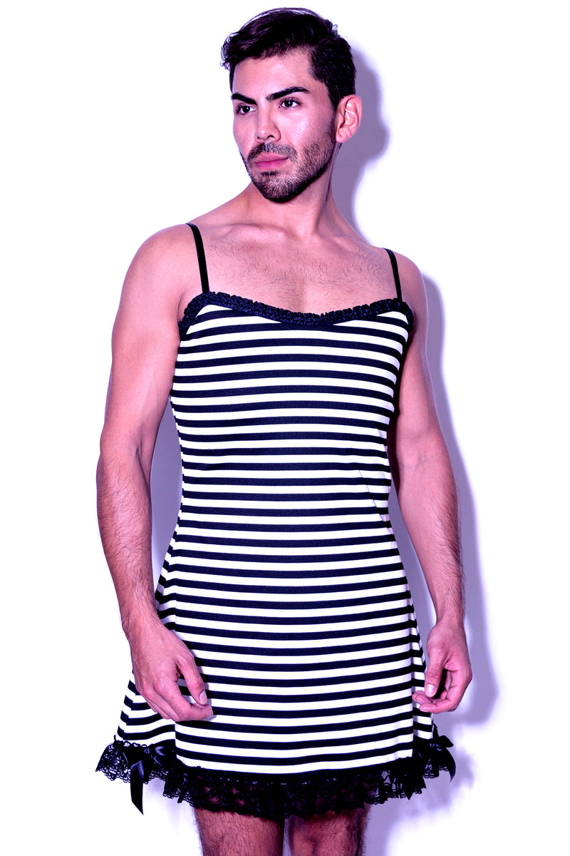Fatale Dresses and panties for men. Striped mens slip dress, made in Los Angeles. 